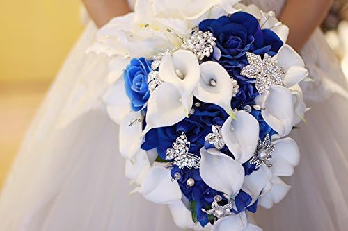 Miniatura 4 de IFFO - Ramo azul real, ramos de novia para boda, ramo de novia de lirio de cala blanca, forma de cascada de gotas de agua, ramo de joyería de lujo,