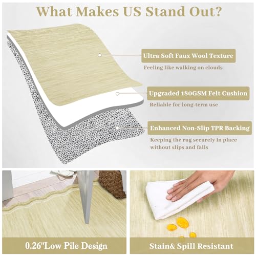 GarveeHome Washable Runner Rug 2x6 Kitchen Hallway Scalloped Rugs Non Skid Stain-Resistant Washable Modern Solid Soft Entryway Carpet Runner for Bathroom Laundry Room Bedside(Beige Yellow,2x6)
