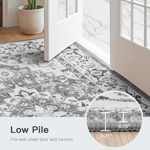 Lofus 3x5 Area Rugs for Living Room, Machine Washable Area Rug, Soft Small Rugs for Bedroom, Kitchen, Office and Indoor, Vintage Boho Carpet, Non-Slip Low Pile Carpets, Floral Grey