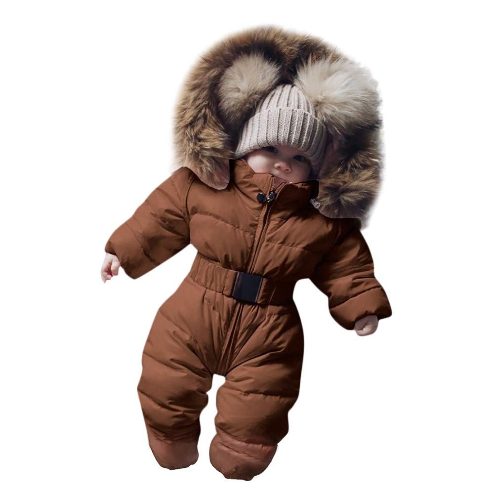 Boy Baby Coat Jumpsuit Warm Girl Winter Infant Jacket Outerwear Hooded Romper Boys Snow Suits (Q-Brown, 24 Months)