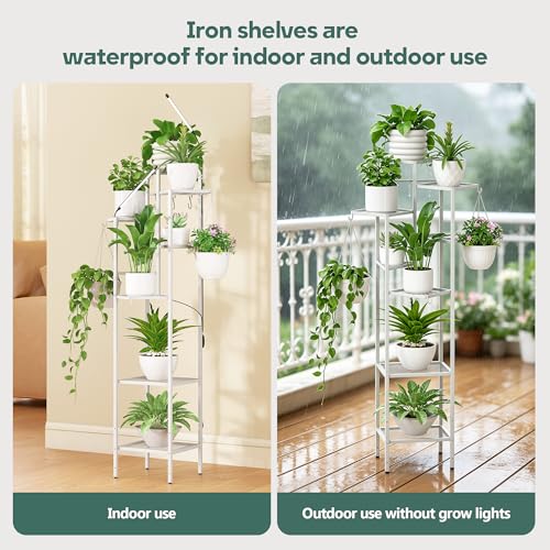 Image of Quikraen 8-Tier White Plant Stand with Grow Lights, 58.5 inch Tall Ultra-Narrow Corner Plant Shelf with 2-Head LED Grow Light & Hanging Hooks, Space-Saving Metal Flower Pot Holder Rack for Indoor Plants, Patio, Balcony