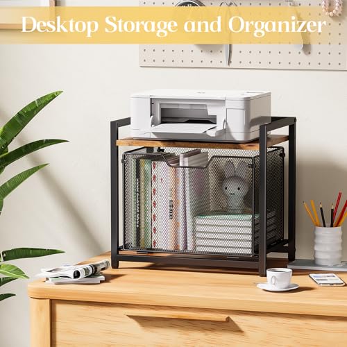 JKsmart Printer Stand with Sliding Drawer, Under Desk File Cabinet with Caster Wheels,Rolling File Cart, 2 Tier Industrial Storage Shelf, Sofa Side Table Organizer for Home, Office, Brown
