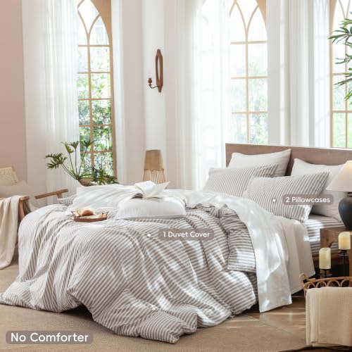 Image of MooMee Striped Duvet Cover Set 100% Washed Cotton Linen Like King | Relaxed Linen-like Texture. Soft, Breathable & Long-lasting Comfort. Lightweight. Hidden Zipper with 8 Interior Corner Ties