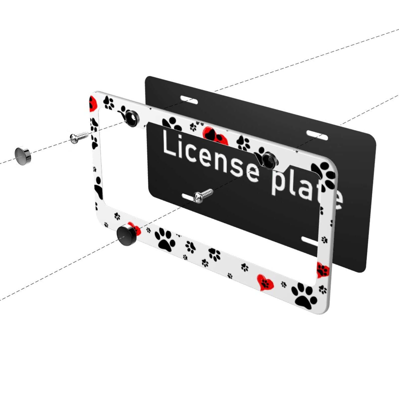 Dog Lover License Plate Frames - 2 Pack Aluminum 'Paw Prints' Design With Screws & Caps (Black/White) - View #3