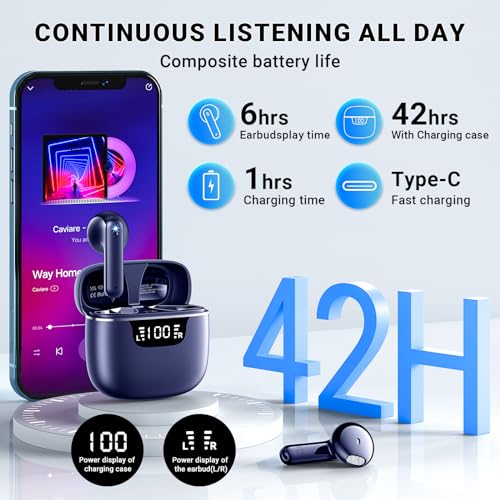 Image of Wireless Earbuds, Bluetooth 5.4 Headphones with 42H Ultralight Ear Buds,Bluetooth Earbuds with 4 ENC Noise Cancelling Mics, HiFi Deep Bass Dual LED Display USB-C, Waterproof Earphones Blue