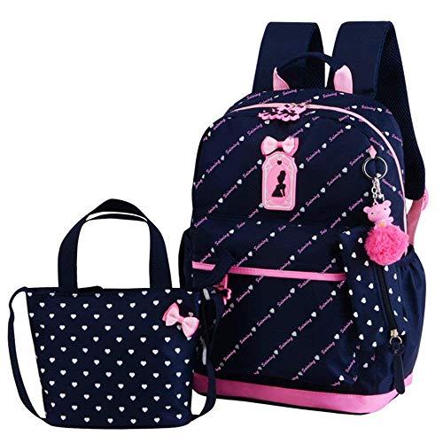 3pcs Heart Bowknot Prints Elementary School Bag Primary School Backpack Sets with Lunch Bags (Deep Blue-b)