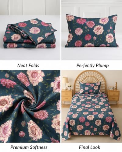 Image of VAS COLLECTIONS 240 TC Premium Cotton Single Bedsheet, Soft Breathable Comfortable Floral Printed Bed Sheet, Elegant Durable Bedding for Bedroom, Easy Care Single Bed Cover, 60 x 90 Inches - Teal Blue