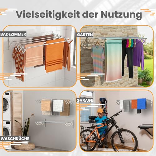 TEHORNEO Wäscheständer Wandmontage 100 cm, Wäschetrockner Wand aus Edelstahl, Wandtrockner Ausziehbar, Wäscheständer Wand, Wandwäschetrockner, Wandtrockner Ausziehbar 25 kg Tragfähigkeit