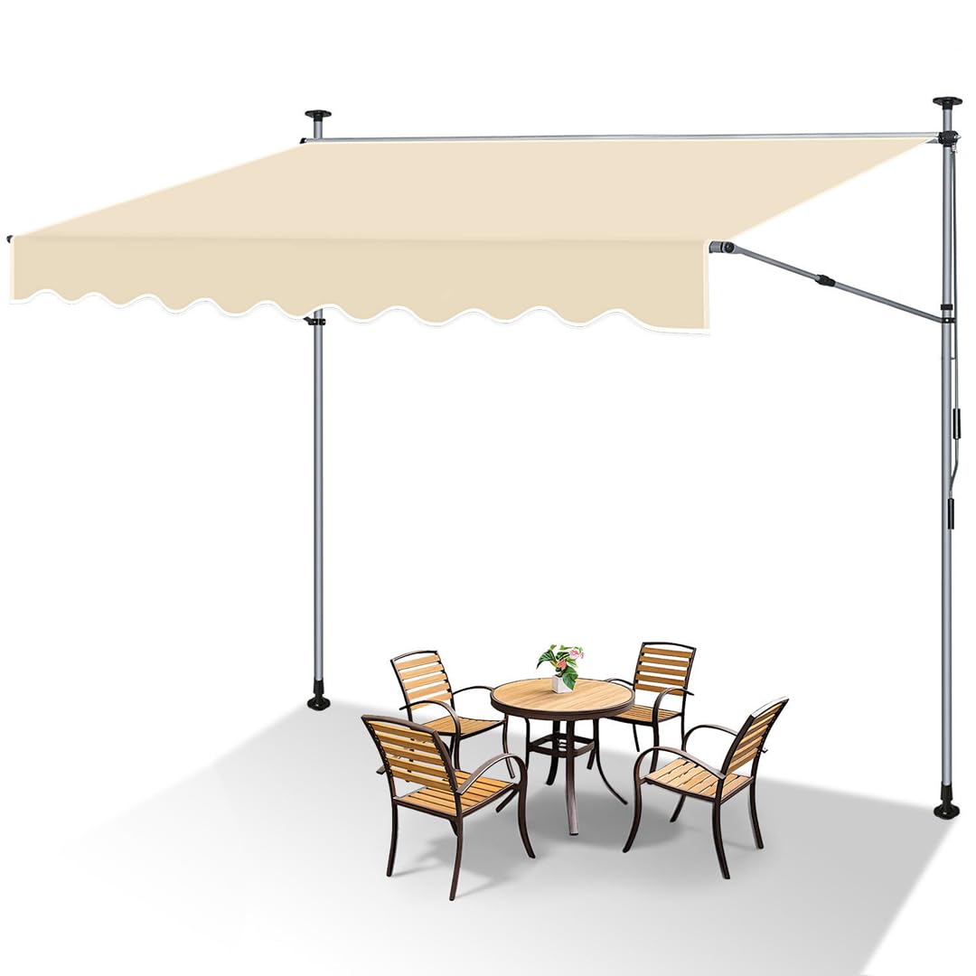Ikodm Klemmmarkise 300cm Breit mit Handkurbel, Balkonmarkise ohne Bohren, Markise mit Verlängerten Einziehbaren Seitenstangen, UV-beständig höhenverstellbar Sonnenschutz, Beige