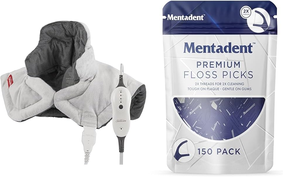 Sunbeam Neck Heating Pad with Mentadent Floss Picks - Neck Pain Relief Pad with Auto Shut Off, 150 Count Flossers with Toothpicks