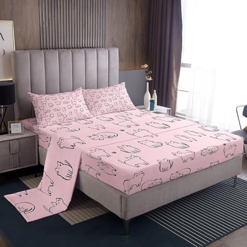 Image of Cute Cat Bed Sheet Set Twin Size,Kawaii Cats Pet Animals Sheet Set Kids Teens,Kitten Silhouette Pink Bedding Decor Set with 1 Flat & 1 Fitted Sheet with 1 Pillow Sham