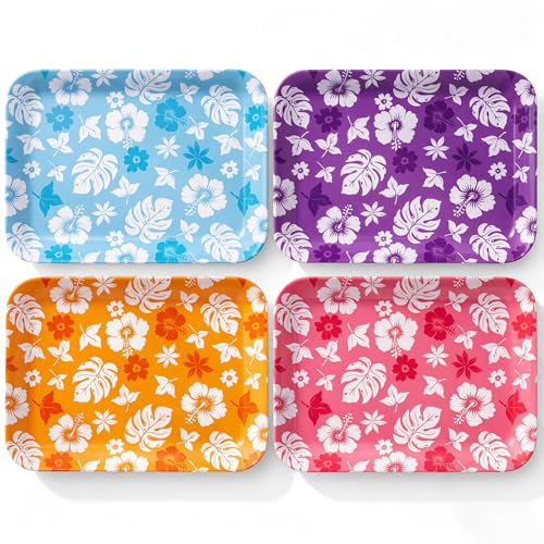 Tiangrid 4 Pieces Tropical Serving Trays Hibiscus Floral Melamine Platters Reusable Rectangle Party Trays for Summer Hawaiian Luau Party Food Dessert Serving Supplies, 13 x 9.7 inch