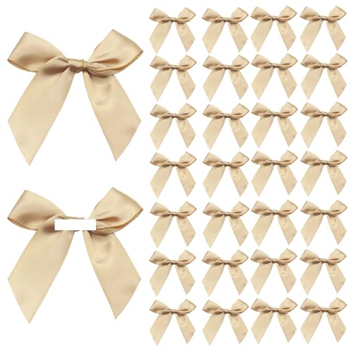 Nzexlyva 30Pcs Mini Champagne Gold Bow Self Adhesive Gold Bows with Sticky Gel Pads Satin Bow for Gift Wrapping Ribbon Bow for Craft DIY Sewing Wedding Birthday Party Crafts Gift Bakery Candy Bags