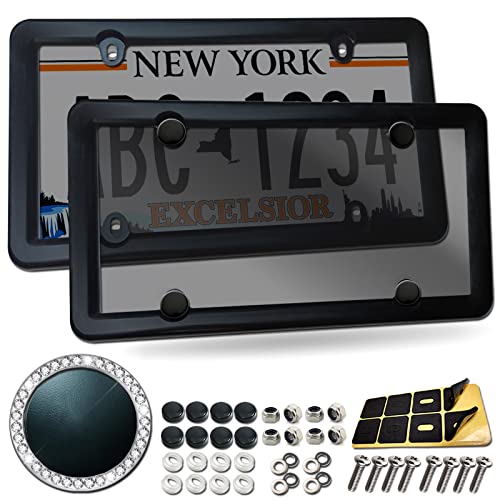 BGGTMO License Plate Covers Frames- Tinted Smoked Flat Protective Shield & Black Plastic Car Tag Holder, Unbreakable Novelty Front Rear Protector with Screws Caps