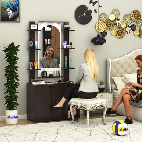 Image of Anikaa Venza Engineered Wood Dressing Table with Wall Mounted Mirror & LED Lights Open Shelf | Makeup Vanity Storage Cabinet with Soft Closed Hinge Door for Bedroom -(Wenge /White) DIY Installation