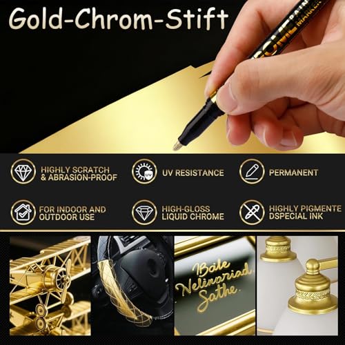 Nurila 4 Stück Flüssigkeit Spiegel Chrom Marker, Highlight Lackstift Gold, Chrom Lack, Goldstift für Metall, Glas, Modelle, Basteln, Graffiti, Kunststoff, Keramik, Lackstift Gold