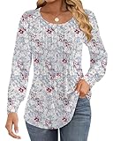 Cuptacc Haut à manches longues pour femme - Tunique plissée à manches bouffantes avec bouton - Coupe ample - Col rond, Greypinkflorals, XL