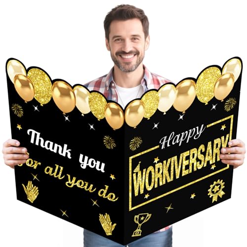 Zirtorei Large Happy Workiversary Card for Men Women Employee Black Gold Happy Work Anniversary Party Decorations Giant Guest Book Jumbo Workiversary greeting card Business Gift for Office