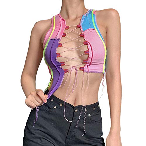 Mlpeerw Womens Sexy Crop Top Sleeveless Bandage Bodycon Lace Up Hallow Out Camisole Tanks Party Club Wear Vest Shirts cover