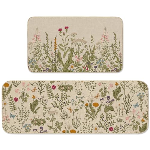 JarThenaAMCS Vintage Floral Kitchen Mats Retro Wildflower Kitchen Floor Rugs Farmhouse Flower Decorative Non Slip Rectangle Doormats for Spring Party Home Entrance Decor Supplies, Set of 2