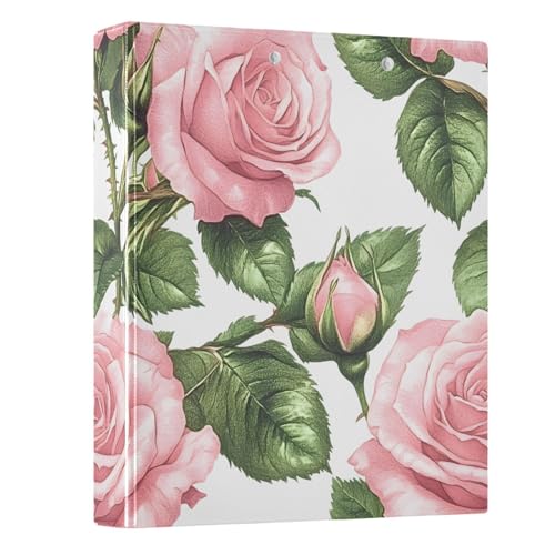 Image of 3 Ring Binder Pink Rose Floral Green Leaves 1.5 inch Binders Three Ring Binders with Clipboard Fit 8.5'' x 11'' Paper 3 Interior PVC Clear Pockets for Office Supplies