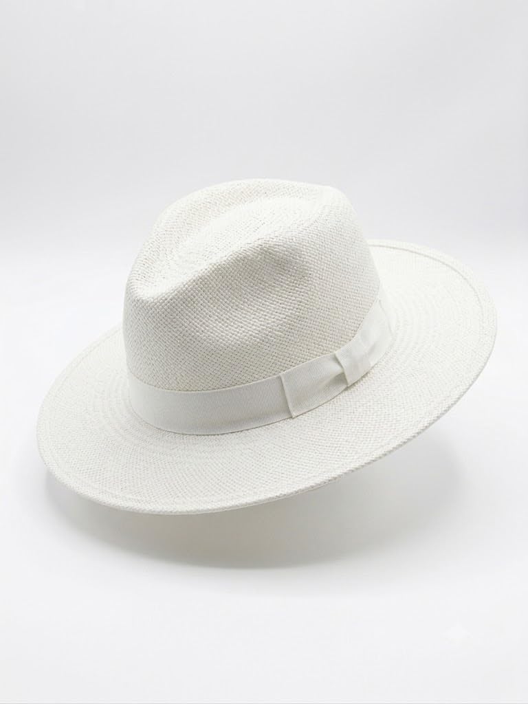 Cappello Panama a Tesa Larga Estivo Unisex in Paglia Leggera con Nastro Bianco, Cappello da Sole Traspirante Regolabile - Bianco V028