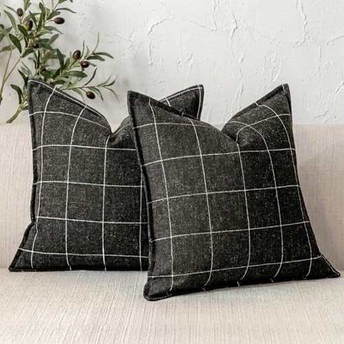 Black and White Plaid Farmhouse Linen Throw Pillow Covers 18x18 Set of 2