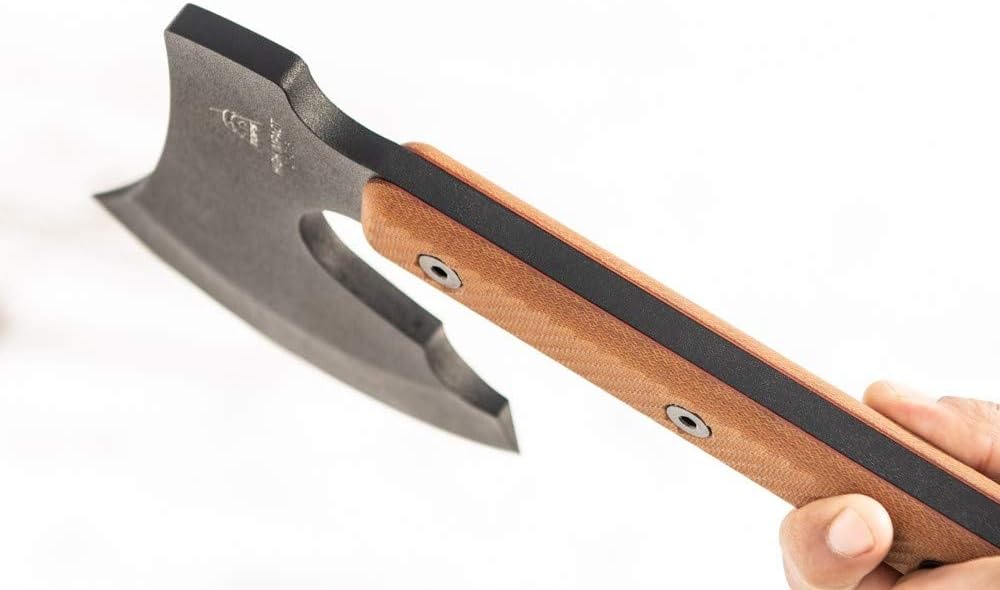 TOPS Knives HIgh Impact Axe Full Tang Axe- Black Traction Coating Finish- Brown Leather Sheath (Tan Canvas Micarta Handle)