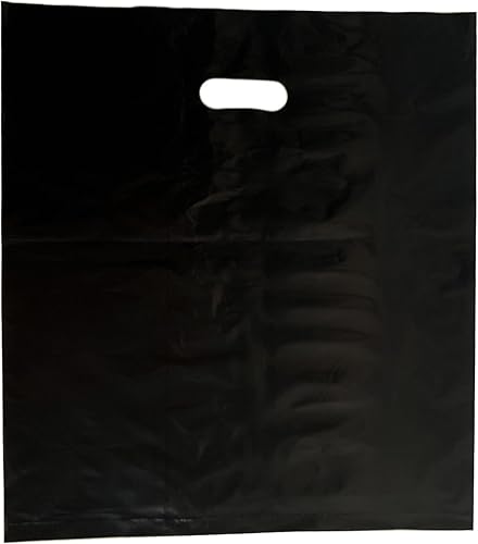 Miniatura 9 de Krodtige Paquete de 100 bolsas de compras negras de 16 x 18 x 2 mil de grosor con asas troqueladas, bolsa de plástico brillante, perfectas para