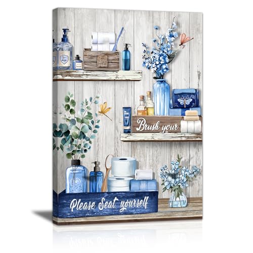 WANGTIAO Navy Blue Shelf Pattern Bathroom Canvas Wall Art Rustic