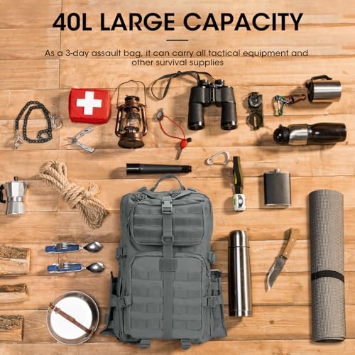 Image of REEBOW GEAR Military Tactical Backpack for Men 3 Day Survival Bag Grey | 40-45L Large Bag, Bottle Holder On the Side, MOLLE, for Outdoor Sports Hunting Hiking, Daypack Bug Out Rucksack Work Bag