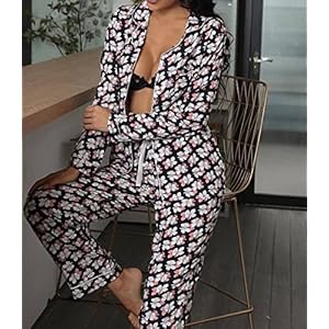 KLIAN Ensembles De Pyjama,Sexy Female Pajamas Winter Ladies Pyjamas Floral Long Sleeve Sleepwear Set Button Down Cardigan & Pyjama Bottoms Soft Pjs Set Loungewear