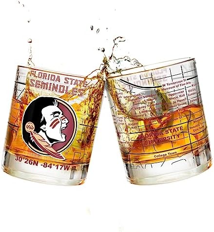 Florida State University Whiskey Glass Set (2 Low Ball Glasses) - Contains Full Color Seminoles Logo & Campus Map - Osceola and Renegade Gift Idea for College Grads & Alumni - Glassware