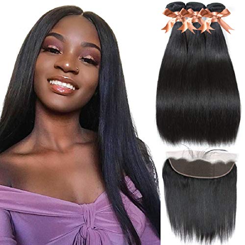 Brazilian Straight Human Hair Bundles with Frontal(14 16 18+12 Inch),100% Unprocessed Virgin Human Hair with 13×4 Lace Frontal Natural Black Brazilian Hair
