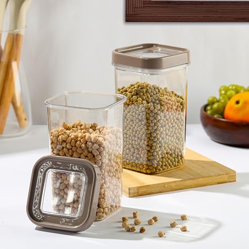 Image of CELLO Airlock Square Pet Storage Jar for Kitchen Set of 2 Pcs, 1350 ml Walnut Brown | Freezer & Fridge Safe Stackable Kitchen Storage Container Jar Set for Meal Prep Ingredient Cookies Flour Candy