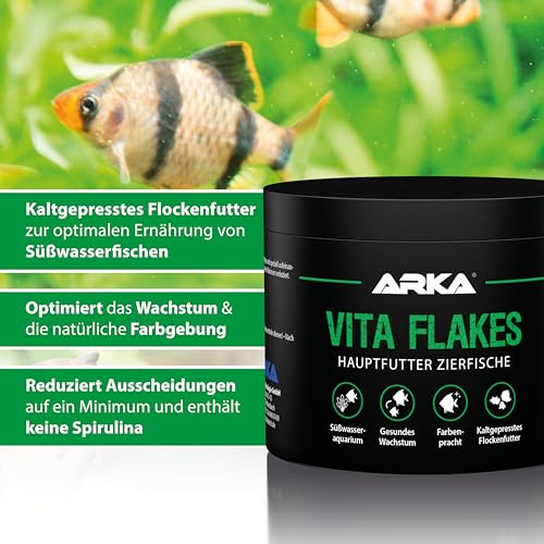 Flockenfutter für Zierfische – ARKA Vita Flakes 250 ml – hochwertiges, kaltgepresstes Alleinfutter für Süßwasseraquarien – unterstützt Farbenpracht, Vitalität & Wachstum – ohne Spirulina