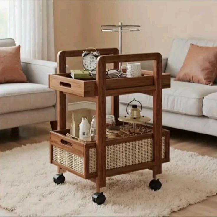 2-Tier Wooden Rolling Cart with Rattan Drawers, Mobile Storage Trolley, 40x60x81 cm-image-22
