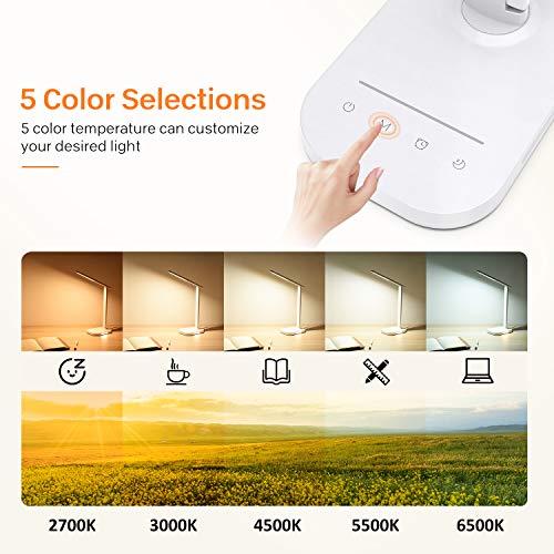 LITOM LED Desk Lamp, Eye-Caring Desk Light with Night Light, 10 Brightness, 5 Color Temperature, USB Charging Port, 1H Timer, Touch Control Table Lamp for Home Office, Work, Study (White)