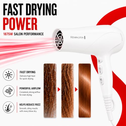 Image of Remington Damage Protection Hair Dryer, Ceramic Ionic Technology | Diffuser and Concentrator Attachments, 3 Piece Set, 1875W Power, 3 Heat and 2 Speed Settings