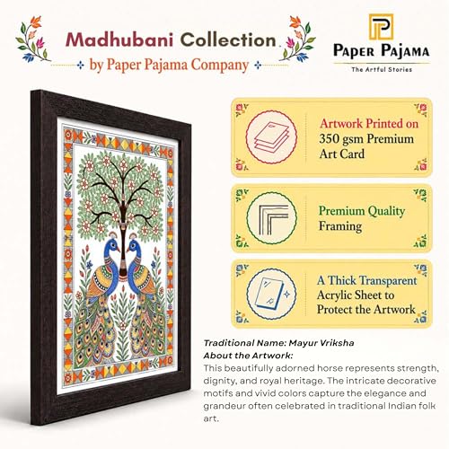 Image of PAPER PAJAMA Peacock Tree of Life Wall Art for Living Room | Madhubani Mithila Folk Painting | Traditional Indian Bird Artwork Framed Home Decor for Bedroom, Office & Hall (10x13 Inches)