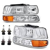 KUIPERAUTO Headlight Assembly Front Lamp Compatible with 1999-2002 Chevrolet Silverado 1500 2500 2000-2006 Suburban 1500 2500 Tahoe Chrome Housing/Clear lens/Amber Corner w/Bulb