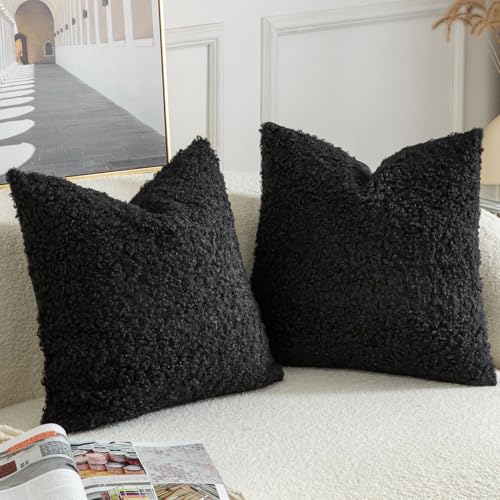 YAERTUN Pack of 2 Faux Fur Throw Pillow Covers Decorative Sherpa Boucle Pillow Covers Fuzzy Soft Pillowcases Sheepskin Fleece Cushion Case for Couch Sofa Bed Living Room 18x18 Inch Black by YAERTUN - Image 2