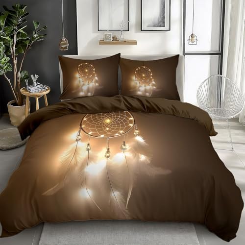 Quixora Set Housse de Couette 240 x 260 cm, Motif Attrape-Rêves Plumes Blanches, Parure de Linge de Lit pour 2 Personnes avec 2 Taies d'oreiller 65x65 cm,...