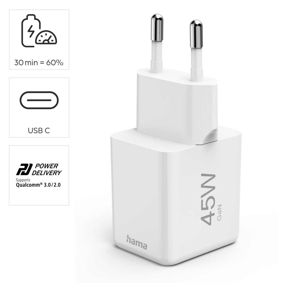 Hama Ładowarka sieciowa mini 45 W, USB typ C (mała, lekka, adapter ładowania, Power delivery, Quick Charge, wydajna, szybka) biała