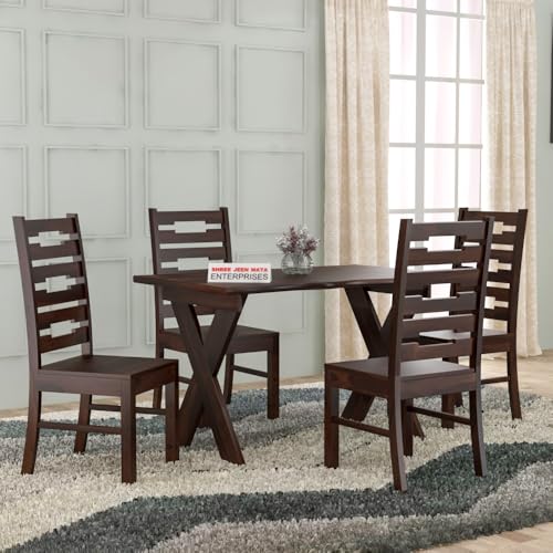 Image of Sheesham Wooden 4 Seater Dining Table with Chairs Dining Set for Dining Room - Wooden Dining Table 4 Seater Modern Dining Table Set of 4 for Hotel Restaurant (Design 39)