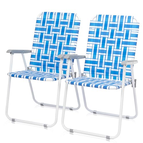 Kcelarec Set of 2 Patio Folding Lawn Chair Outdoor Beach Portable Webbed Folding Camping Chair for Yard Garden (Blue 1)