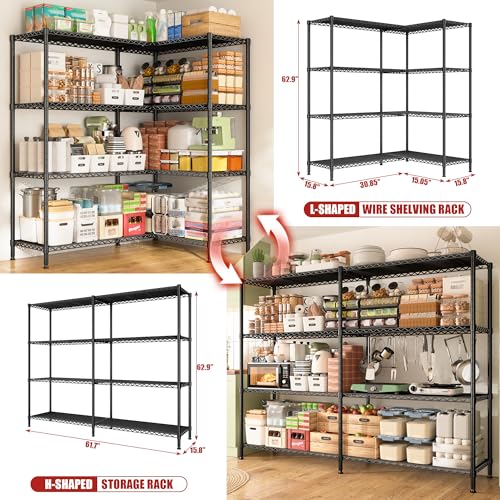 Image of REIBII 61.7''W Storage Shelves Load 1220LBS Wire Shelving Unit 4 Tier Metal Shelving for Storage Rack Shelves Heavy Duty Garage Shelf Pantry Shelves Kitchen Shelving, 61.7 inch W*62.9 inch H*15.8 inch D, Black
