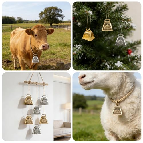 20PCS Small Vintage Metal Cow Bells, Rustic Hanging Craft Bells for Christmas Tree Decorations, Farm Animal Collars & DIY Crafts Projects(Gold + Silver) - Image 6