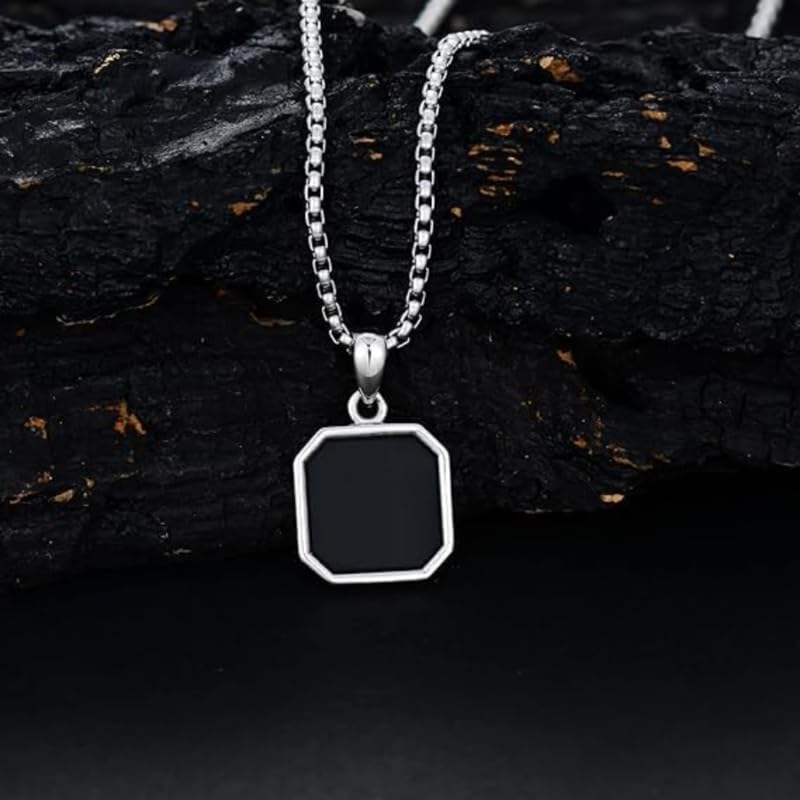 Image of Black Square Stainless Steel Necklace locket pendant Silver chain for Men and Women Unisex Jewellery