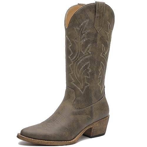 GLOBALWIN Brown Cowboy Boots For Women Western Boots Embroidered Mid Calf Knee High Cowgirl Boots Size 10M